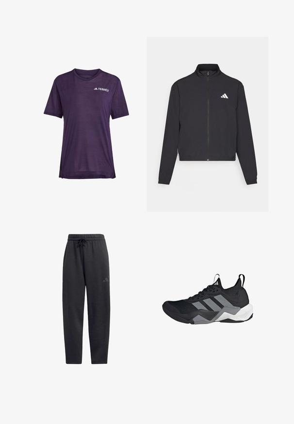 adidas Performance TRAIN ESSENTIALS 3 STRIPES WARM UP - Träningsjacka - black/white; Lila kortärmad träningsskjorta i lätt tyg, med enluftig mesh-design och en vit "TERREX"-logotyp på bröstet.; Svarta sweatpants i mjukt tyg, med elastisk midja och dragsko, raka ben och en diskret logotyp på låret.; Svart löparskor med ett ventilerande nätöverdela, grå accenter, strukturerad sula och tre distinkta ränder på sidan.