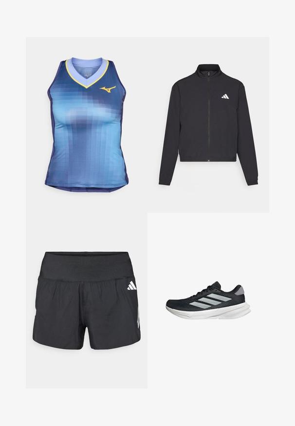 adidas Performance TRAIN ESSENTIALS 3 STRIPES WARM UP - Sportovní bunda - black/white; Bezruký sportovní top s gradientním designem v modrých odstínech, s výstřihem do V a žlutými akcenty, a přiléhavým střihem. Vyrobeno z hladké, lehké tkaniny.; Černé sportovní šortky s širokým elastickým pasem, lehkou tkaninou a bílými logy na dolní straně.; Černé běžecké boty s vrchní částí z prodyšné síťoviny, třemi stříbrnými pruhy, bílou mezipodešví a texturovanou podešví. Obsahují polstrovaný límec a šněrování.