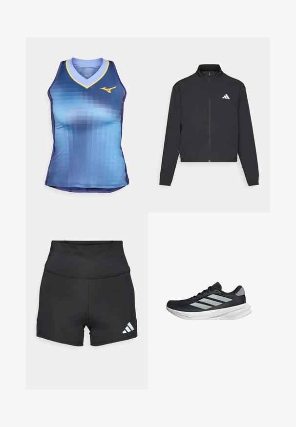 adidas Performance TRAIN ESSENTIALS 3 STRIPES WARM UP - Jakna za treniranje - black/white; Majica bez rukava za sportsku aktivnost s gradijent dizajnom u nijansama plave, V-izrezom s žutim naglascima i prilagođenim krojem. Izrađena od glatkog, laganog materijala.; adidas Performance Tajice - black; Crne trkačke tenisice s mrežastim gornjim dijelom, tri srebrne pruge, bijeli srednji sloj i teksturirani potplat. Sadrži podstavljeni ovratnik i zatvaranje s vezicama.