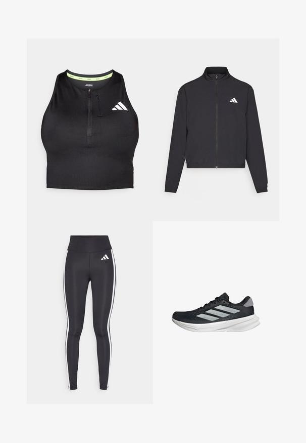 adidas Performance TRAIN ESSENTIALS 3 STRIPES WARM UP - Training jacket - black/white; Black athletic crop top with a zipper at the front, made from smooth fabric. Features a green inner neckline and a white logo on the side.; Black leggings with high waist, featuring white side stripes and a small white logo on the upper left thigh. Made from smooth, stretchy material.; Black running shoe with mesh upper, three silver stripes, white midsole, and textured outsole. Features padded collar and lace closure.