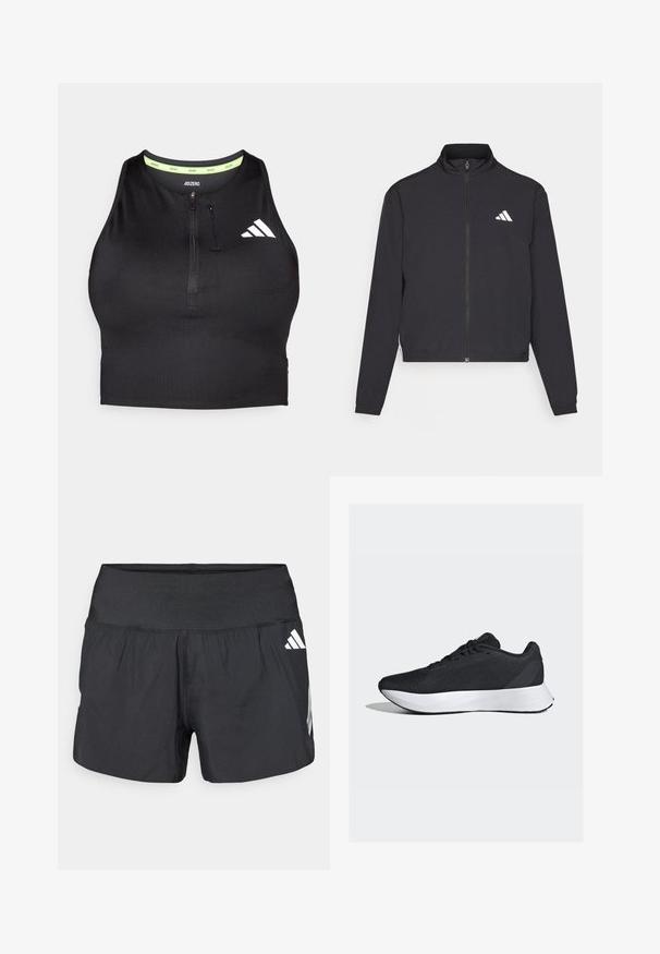 adidas Performance TRAIN ESSENTIALS 3 STRIPES WARM UP - Træningsjakke - black/white; Sort trænings crop top med lynlås foran, lavet af glat stof. Har en grøn indvendig halsudskæring og et hvidt logo på siden.; Sorte atletikshorts med bred elastisk talje, letvægtsstof og hvide logoaccents på den nederste side.; Sorte atletiksko med en åndbar mesh-overdel, hvid mellemsål og et slankt, buet design; har snørebånd og en holdbar gummisål.