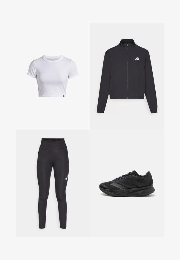 adidas Performance TRAIN ESSENTIALS 3 STRIPES WARM UP - Trainingsvest - black/white; Witte geribbelde korte mouwen cropped t-shirt met ronde hals en een klein zwart logo label aan de onderrand.; Zwarte high-waisted leggings van glad, elastisch materiaal, met een wit logo aan de linkerkant. Strakke pasvorm zonder patronen.; Zwarte hardloopschoen met een ademende mesh bovenkant, ronde neus, slank ontwerp, textuuraccenten en een gevoerde zool voor comfort.