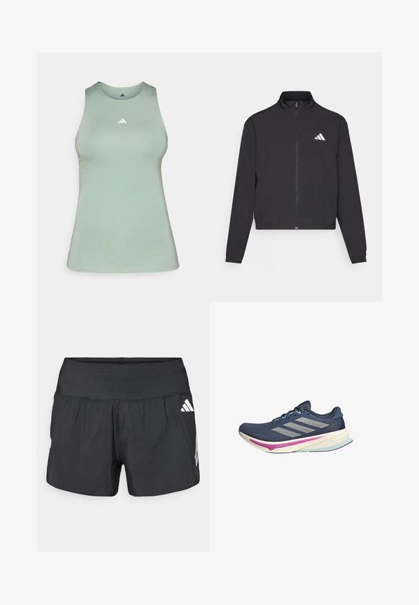 adidas Performance TRAIN ESSENTIALS 3 STRIPES WARM UP - Chaqueta de entrenamiento - black/white; Top sin mangas verde claro hecho de tela suave, con cuello redondo y un pequeño logo blanco de Adidas en el pecho. Corte ajustado.; Pantalones cortos deportivos negros con una amplia cintura elástica, tela ligera y detalles de logo blancos en el lateral inferior.; Zapatilla de correr de la marina con parte superior de malla, rayas plateadas, acentos en menta y suela acolchada con detalles en rosa y verde azulado para mayor comodidad.