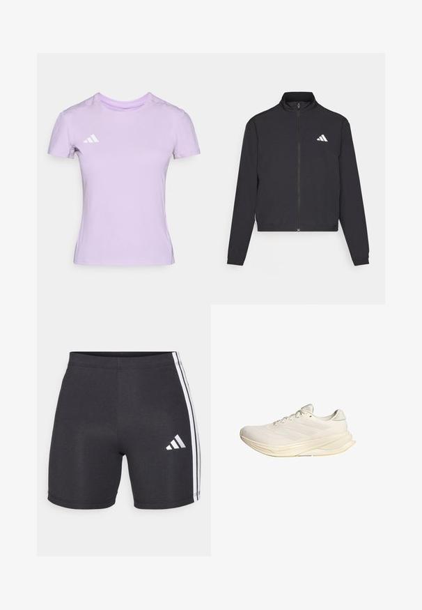 adidas Performance TRAIN ESSENTIALS 3 STRIPES WARM UP - Treniņjaka - black/white; Gaiši violetas sporta t-krekls, izgatavots no mīkstas auduma, ar apaļu kakla izgriezumu un īsām piedurknēm, ar baltu Adidas logotipu kreisajā krūtī.; Melnas sporta šortus, kas izgatavoti no elastīga auduma, ar baltām sānu svītrām un Adidas logotipu labajā apakšējā kājā. Gluda tekstūra.; Gaišbeidzis sporta apavi ar sieta augšējo daļu, plakaniem šņorēm un mīkstu zoli. Iekļauj trīs svītru dizainu sānu pusē.