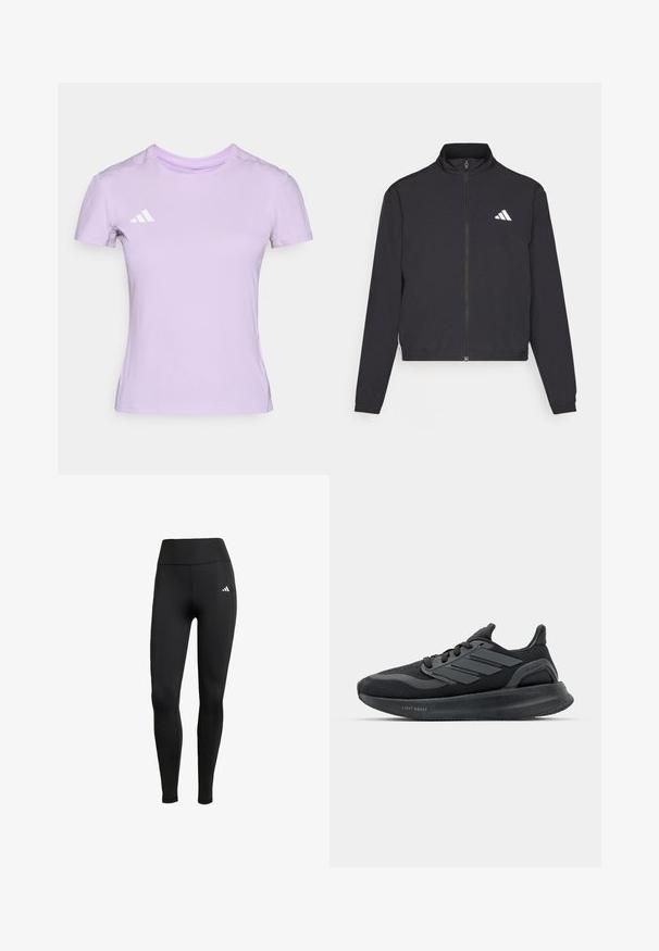 adidas Performance TRAIN ESSENTIALS 3 STRIPES WARM UP - Casaco de treino - black/white; T-shirt de desporto lilás claro, feito de tecido macio, com decote redondo e mangas curtas, apresentando um logo branco da Adidas no lado esquerdo do peito.; Leggings atléticos pretos com uma cintura alta. Feitos de um tecido elástico com um detalhe do logótipo branco no lado superior esquerdo.; Ténis atléticos pretos com parte superior em malha, painéis texturizados, detalhe de três riscas e sola curva identificada como "LIGHT BOOST."