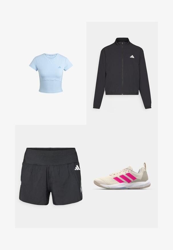 adidas Performance TRAIN ESSENTIALS 3 STRIPES WARM UP - Chaqueta de entrenamiento - black/white; Camiseta deportiva corta de color azul claro con mangas cortas, sección inferior acanalada y un logo sutil en el pecho. Textura suave, diseño ajustado.; Pantalones cortos deportivos negros con una amplia cintura elástica, tela ligera y detalles de logo blancos en el lateral inferior.; Zapatilla deportiva beige con logo de tres rayas rosa, parte superior de malla texturizada, cuello acolchado y suela de goma blanca, con la marca "LIGHTSTRIKE".
