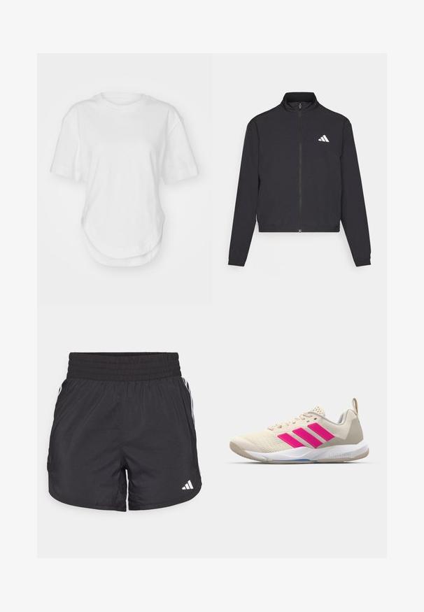 adidas Performance TRAIN ESSENTIALS 3 STRIPES WARM UP - Spordijakk - black/white; Valge puuvillane T-särk, millel on ümar kaelus, lühikesed varrukad ja kaardus ääreline. Sile tekstuur, ilma mustrite või aksessuaarideta.; Mustad mustriga mustad sportlikud lühikesed püksid elastse värviga, küljetaskud ja valged triibud külgedel. Valmistatud kerge materjali sisu.; Beige spordijalanõud roosa kolme triibu logoga, tekstureeritud võrkkangas peal, polsterdatud sääreosa ja valge kummist tallaga, kus on "LIGHTSTRIKE" bränd.