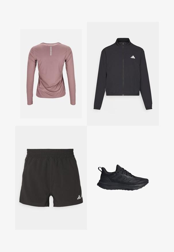 adidas Performance TRAIN ESSENTIALS 3 STRIPES WARM UP - Giacca sportiva - black/white; Maglia a manica lunga in tessuto morbido color malva, con motivo a rilievo, scollo tondo e un'etichetta sul retro con la scritta "SWEDEMOUNT".; Shorts atletici neri realizzati in tessuto leggero. Presentano una vita elasticizzata, una tasca con zip laterale e un logo riflettente sull'orlo.; Scarpa da corsa nera con una tomaia in mesh testurizzato, design a tre strisce e una suola ammortizzata. Presenta un inserto sul tallone per indossarla facilmente.