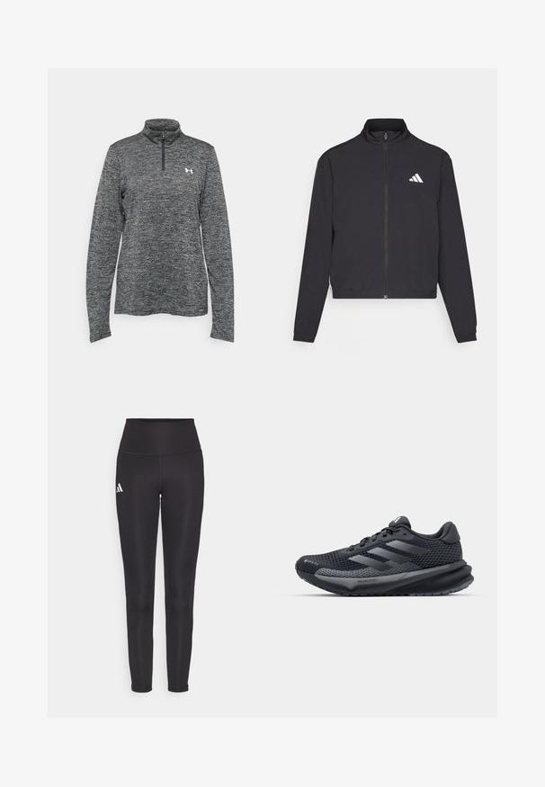 adidas Performance ESSENTIALS 3 STRIPES czarny; Szary pulower z długim rękawem i zamkiem błyskawicznym o ćwierć długości, wykonany z teksturowanej tkaniny, z małym logo na lewej piersi. Płaski kołnierz i prosty dół.; Czarne legginsy o wysokim stanie, wykonane z elastycznej tkaniny. Posiadają białe logo po lewej stronie oraz elegancki, bezszwowy design. Gładka tekstura.; Czarne buty sportowe z teksturowanym siateczkowym wierzchem, odblaskowymi akcentami, wyściełaną podeszwą i aerodynamicznym kształtem. Zawierają logo z trzema paskami.