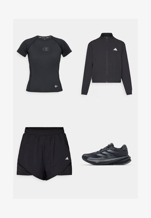 adidas Performance TRAIN ESSENTIALS 3 STRIPES WARM UP - Verryttelytakki - black/white; Musta urheilupaita, joka on valmistettu joustavasta kankaasta. Siinä on lyhyet hihat, pyöreä kaula-aukko ja huomaamaton logo rinnassa ja helman kohdalla.; Mustat urheilushortsit, joissa on kerroksellinen muotoilu, valmistettu kevyestä kankaasta. Ominaisuuksiin kuuluu joustava vyötärö ja pieni valkoinen logo sivulla.; Musta urheilusandaali, jossa on teksturoitu verkkopinta, heijastavat yksityiskohdat, pehmustettu pohja ja virtaviivainen muotoilu. Varustettu kolmella raidalla logolla.