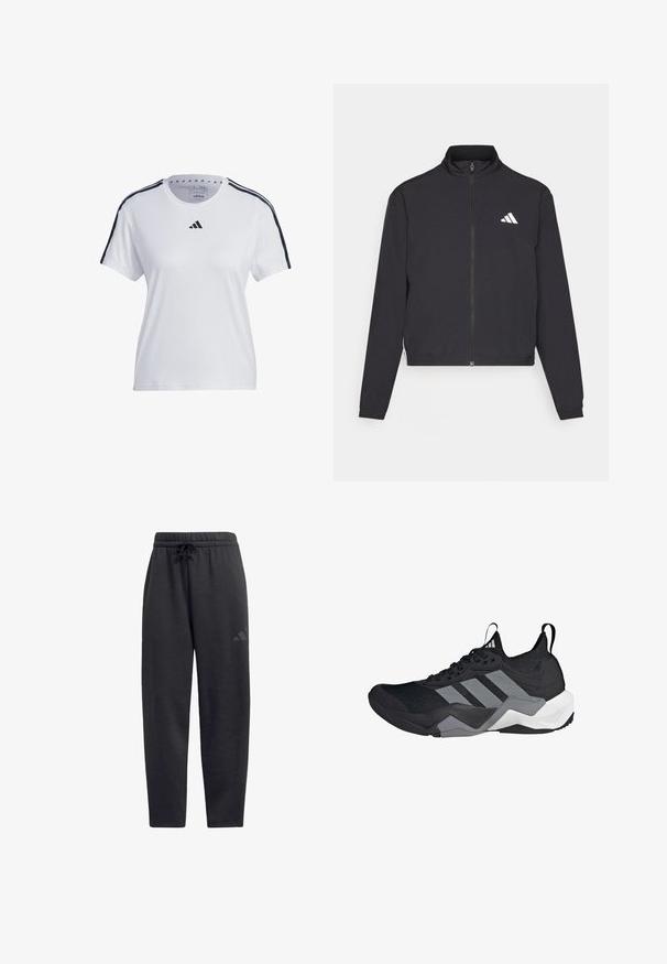adidas Performance TRAIN ESSENTIALS 3 STRIPES WARM UP - Jakna za treniranje - black/white; Bijela sportska majica od pamuka, s crnim trakama na ramenima i Adidas logotipom na prsima. Kratki rukavi, dizajn s okruglim izrezom.; Crne trenirke od mekog materijala, s elastičnim pojasom i vezicom, ravnih nogavica i diskretnim logom na bedrima.; Crne sportske tenisice s prozračnom mrežastom gornjom stranom, sivim naglascima, teksturiranim đonom i tri prepoznatljive pruge sa strane.