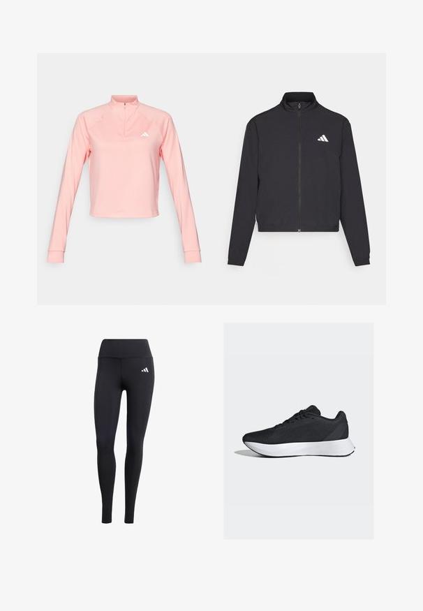 adidas Performance TRAIN ESSENTIALS 3 STRIPES WARM UP - Training jacket - black/white; adidas Performance ZIP - Long sleeved top - semi pink spark; Black leggings made of stretchy material, featuring a high waistband and a small white logo, with a smooth, matte finish.; Black athletic shoes with a breathable mesh upper, white midsole, and sleek, curved design; features laces and a sturdy rubber outsole.