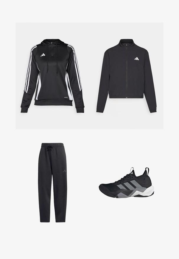adidas Performance TRAIN ESSENTIALS 3 STRIPES WARM UP - Sportovní bunda - black/white; Černý sportovní pulovr s polo zipem, kapucí a bílými bočními pruhy. Vyroben z hladké, lehké tkaniny s přiléhavým střihem a nastavitelnými šňůrkami.; Černé tepláky vyrobené z měkké látky, s elastickým pasem na šňůrku, rovnými nohavicemi a diskrétním logem na stehně.; Černá sportovní bota s prodyšným síťovaným svrškem, šedými akcenty, texturovanou podrážkou a třemi charakteristickými pruhy na boku.