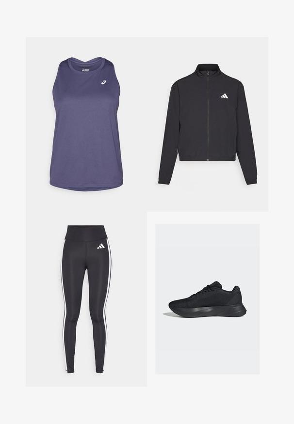 adidas Performance TRAIN ESSENTIALS 3 STRIPES WARM UP - Training jacket - black/white; Purple sleeveless athletic top made of lightweight fabric, featuring a rounded neckline and subtle branded logo on the front.; Black leggings with high waist, featuring white side stripes and a small white logo on the upper left thigh. Made from smooth, stretchy material.; Black athletic shoes with a mesh upper, textured surface, and a molded midsole for support. Features traditional lacing and a cushioned heel.