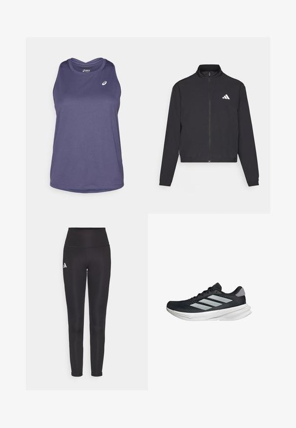 adidas Performance TRAIN ESSENTIALS 3 STRIPES WARM UP - Trainingsvest - black/white; Paars mouwloos sporttop gemaakt van lichtgewicht stof, met een ronde halslijn en een subtiele merklogo aan de voorkant.; Zwarte high-waisted leggings van rekbaar materiaal. Heeft een wit logo aan de linkerkant en een stijlvolle, naadloze uitstraling. Soepele textuur.; Zwarte hardloopschoen met een mesh bovenzijde, drie zilveren strepen, witte middenzool en een gestructureerde loopzool. Heeft een gevoerde kraag en een vetersluiting.