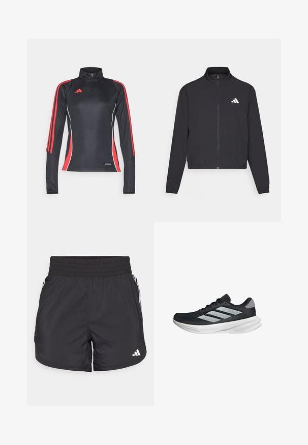 adidas Performance TRAIN ESSENTIALS 3 STRIPES WARM UP - Training jacket - black/white; Black long-sleeve athletic top with red side stripes, half-zip collar, and white accents. "AEROREADY" label at the hem.; Black athletic shorts with an elastic waistband, side pockets, and white stripe accents on the sides. Made of lightweight material.; Black running shoe with mesh upper, three silver stripes, white midsole, and textured outsole. Features padded collar and lace closure.