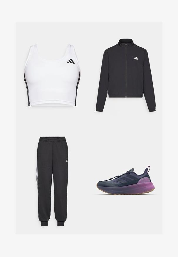 adidas Performance TRAIN ESSENTIALS 3 STRIPES WARM UP - Casaco de treino - black/white; Top desportivo branco, feito de um tecido texturizado, com riscas laterais pretas e um logótipo preto no canto superior esquerdo. Design clássico com alças largas.; Calças atléticas pretas com uma cintura elástica, tornozelos ajustados e riscas brancas laterais. Feitas de um tecido suave com uma textura lisa.; adidas Performance ULTRABOOST 5 - Sapatos para corrida em estrada - shadow navy/legend ink/preloved purple