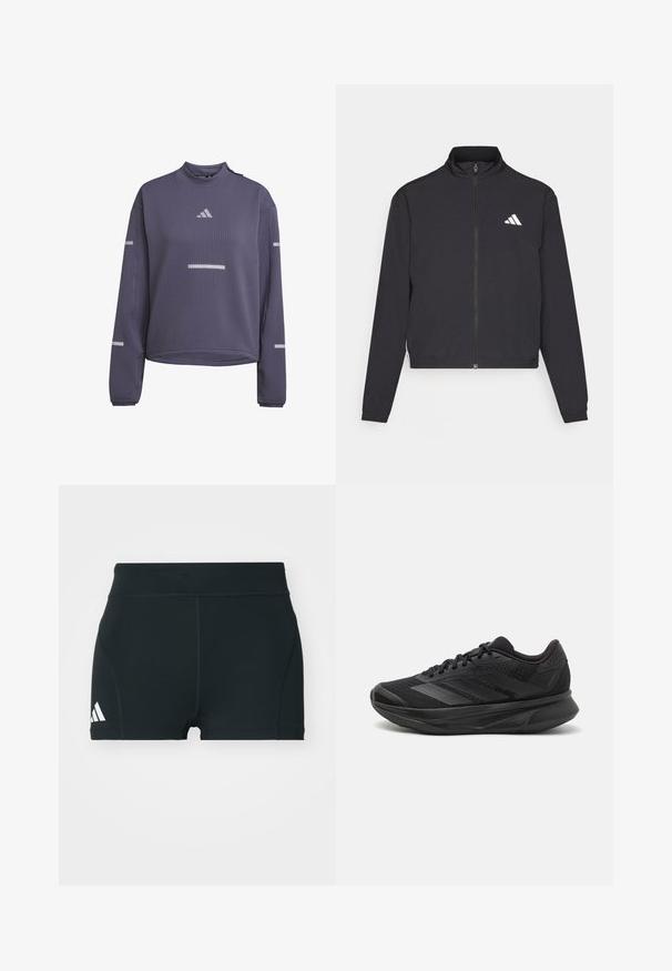 adidas Performance TRAIN ESSENTIALS 3 STRIPES WARM UP - Training jacket - black/white; Long-sleeve purple waffle-knit running top with high collar, reflective stripes on chest and sleeves, and Adidas logo on front.; Black athletic shorts made of stretchy fabric, featuring a high waistband, fitted shape, and white Adidas logo on the left side.; Black running shoe with a breathable mesh upper, rounded toe, sleek design, textured accents, and a cushioned sole for comfort.