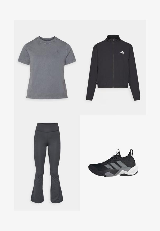 adidas Performance TRAIN ESSENTIALS 3 STRIPES WARM UP - Jakna za treniranje - black/white; Siva pamučna majica s okruglim izrezom, kratkim rukavima i malim izvezenim logom na prsima. Mekana tekstura i ležeran dizajn.; Sive tajice s krojem na zvono, napravljene od glatkog, rastezljivog materijala, s visokim strukom i bešavnom izradom.; Crne sportske tenisice s prozračnom mrežastom gornjom stranom, sivim naglascima, teksturiranim đonom i tri prepoznatljive pruge sa strane.