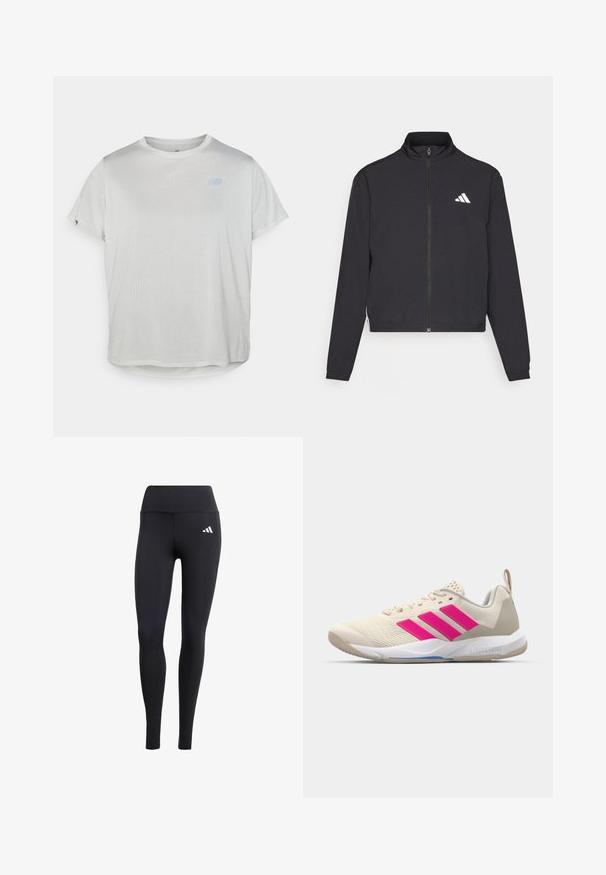 adidas Performance TRAIN ESSENTIALS 3 STRIPES WARM UP - Spordijakk - black/white; Helehall lühikeste varrukatega T-särk võrgutekstuuriga, millel on üla vasakul pool väike sinine logo ja ümar ääreosa.; Mustad mustadest retuusid, mis on valmistatud elastsetest materjalidest, kõrge vöökohaga ja väikese valge logoga, sujuva mati pinnaga.; Beige spordijalanõud roosa kolme triibu logoga, tekstureeritud võrkkangas peal, polsterdatud sääreosa ja valge kummist tallaga, kus on "LIGHTSTRIKE" bränd.