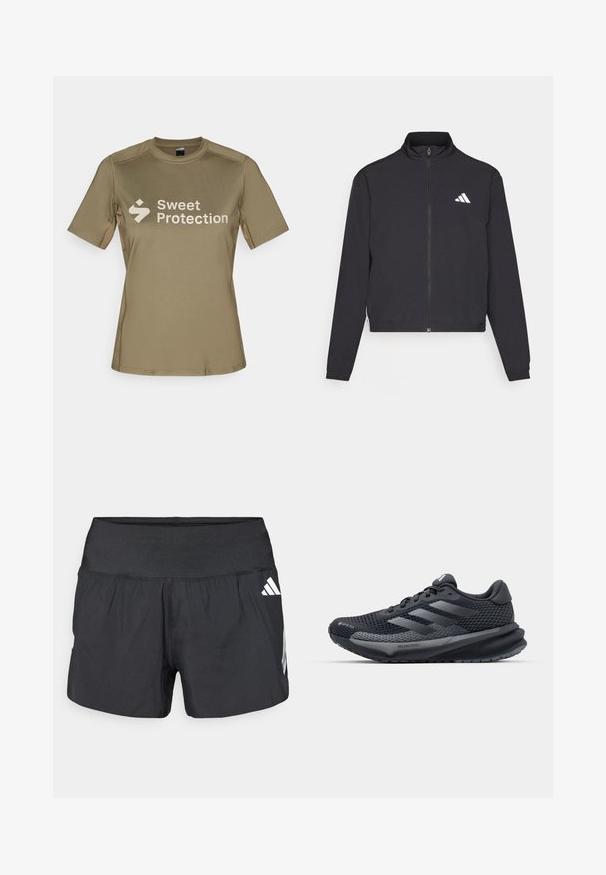 adidas Performance TRAIN ESSENTIALS 3 STRIPES WARM UP - Sportovní bunda - black/white; Krátký rukáv, olivově zelené sportovní tričko vyrobené z hladké, lehké tkaniny. Na přední straně se nachází bílé logo "Sweet Protection".; Černé sportovní šortky s širokým elastickým pasem, lehkou tkaninou a bílými logy na dolní straně.; Černá sportovní bota s texturovaným síťovaným svrškem, reflexními akcenty, polstrovanou podešví a aerodynamickým designem. Obsahuje logo se třemi pruhy.
