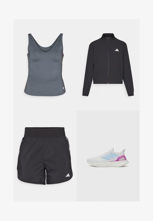 adidas Performance TRAIN ESSENTIALS 3 STRIPES WARM UP - Treniņjaka - black/white; Björn Borg ACE DEEP V TANK - Tops - urban chic; Melnas sporta bikses ar elastīgu jostu, sānu kabatām un baltām svītrām uz sāniem. Izgatavotas no viegla materiāla.; adidas Performance PUREBOOST 5 - Apavi skriešanai pa asfaltu - white/glow blue/purple burst