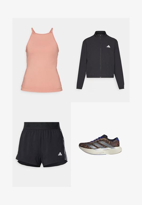 adidas Performance TRAIN ESSENTIALS 3 STRIPES WARM UP - Spordijakk - black/white; Peachivärvi kampsun top, millel on sobiv disain, õhukesed rihmad ja sujuvad servad, valmistatud sujuvast ja venivast kangast.; Musta sportlikud lühikesed püksid elastse vöökohtaga, millel on tekstuuriga riba, külgmised triibud ja alumises servas valge Adidas'i logo.; Jooksujalats, mille peal on pruun leopardimuster, hõbedased triibud, sinised detailid ja valge vahekoon, millel on kiri "LIGHTSTRIKE PRO". Kerge disain.