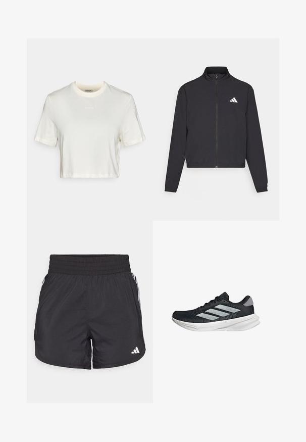 adidas Performance TRAIN ESSENTIALS 3 STRIPES WARM UP - Trainingsjacke - black/white; Abgeschnittenes weißes T-Shirt aus Baumwolle mit glatter Textur, runder Ausschnitt und kurzen Ärmeln. "BORG"-Logo in feiner Stickerei.; Schwarze Sportshorts mit elastischem Bund, seitlichen Taschen und weißen Streifenakzenten an den Seiten. Hergestellt aus leichtem Material.; Schwarzer Laufschuh mit Mesh-Obermaterial, drei silbernen Streifen, weißer Zwischensohle und strukturiertem Außensohle. Verfügt über einen gepolsterten Schaft und eine Schnürung.
