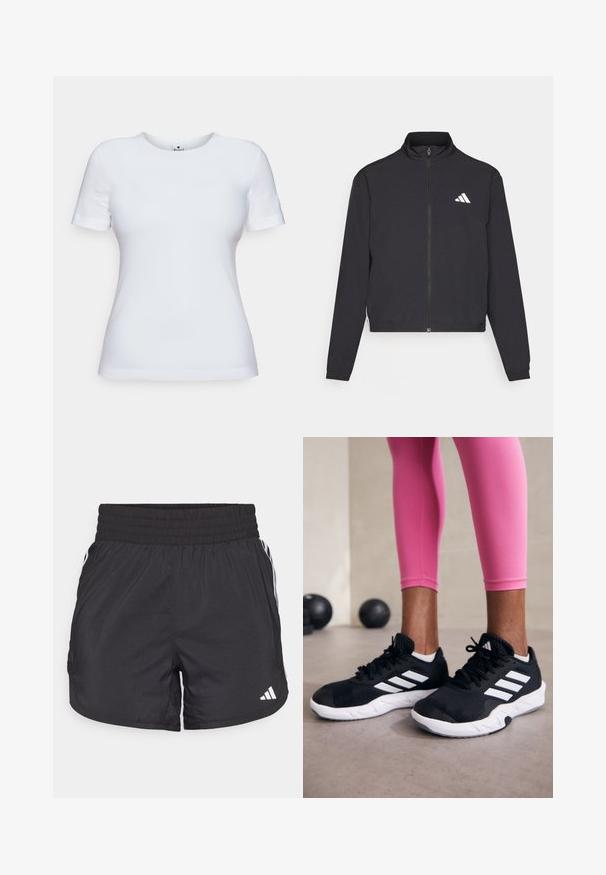 adidas Performance TRAIN ESSENTIALS 3 STRIPES WARM UP - Casaco de treino - black/white; Camiseta branca de mangas curtas, feita de algodão, com um decote redondo e um corte ajustado. Sem padrões ou detalhes visíveis.; Calções de desporto pretos com um cós elástico, bolsos laterais e detalhes em lista branca nas laterais. Feitos de material leve.; Sapatos de treino pretos com riscas brancas, parte superior em malha texturizada e sola branca. Usados com leggings cor-de-rosa, destacando roupa de treino.