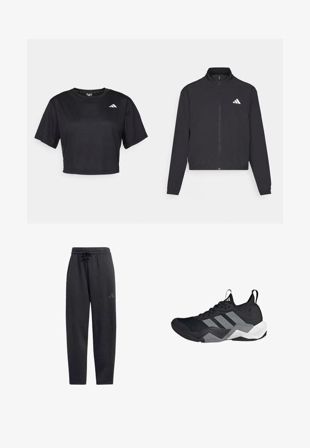 adidas Performance TRAIN ESSENTIALS 3 STRIPES WARM UP - Casaco de treino - black/white; T-shirt preta curta feita de tecido suave. Apresenta mangas curtas, decote redondo e um pequeno logotipo branco no lado esquerdo da frente.; Calças de fato pretas feitas de tecido macio, com uma cintura elástica e um cordão, pernas retas e um logótipo discreto na coxa.; Shoe atlético preto com um cabedal de malha respirável, detalhes em cinza, sola texturizada e três riscas distintas de lado.