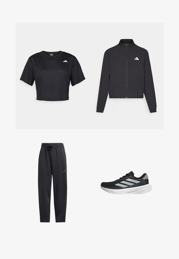 adidas Performance TRAIN ESSENTIALS 3 STRIPES WARM UP - Träningsjacka - black/white; Svart kortärmad t-shirt i slätt tyg. Har korta ärmar, rund halsringning och en liten vit logotyp på vänster framsida.; Svarta sweatpants i mjukt tyg, med elastisk midja och dragsko, raka ben och en diskret logotyp på låret.; Svart löparskor med meshtopp, tre silverränder, vit mellansula och strukturerad sula. Har vadderad krage och snörning.