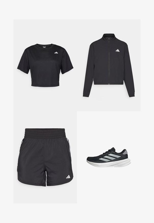 adidas Performance TRAIN ESSENTIALS 3 STRIPES WARM UP - Chaqueta de entrenamiento - black/white; Camiseta negra recortada hecha de tela suave. Presenta mangas cortas, un cuello redondo y un pequeño logo blanco en la parte delantera izquierda.; Pantalones cortos deportivos negros con cintura elástica, bolsillos laterales y detalles de rayas blancas en los lados. Hechos de un material ligero.; Zapatilla de correr negra con parte superior de malla, tres franjas plateadas, media suela blanca y suela texturizada. Incluye un cuello acolchado y cierre de cordones.