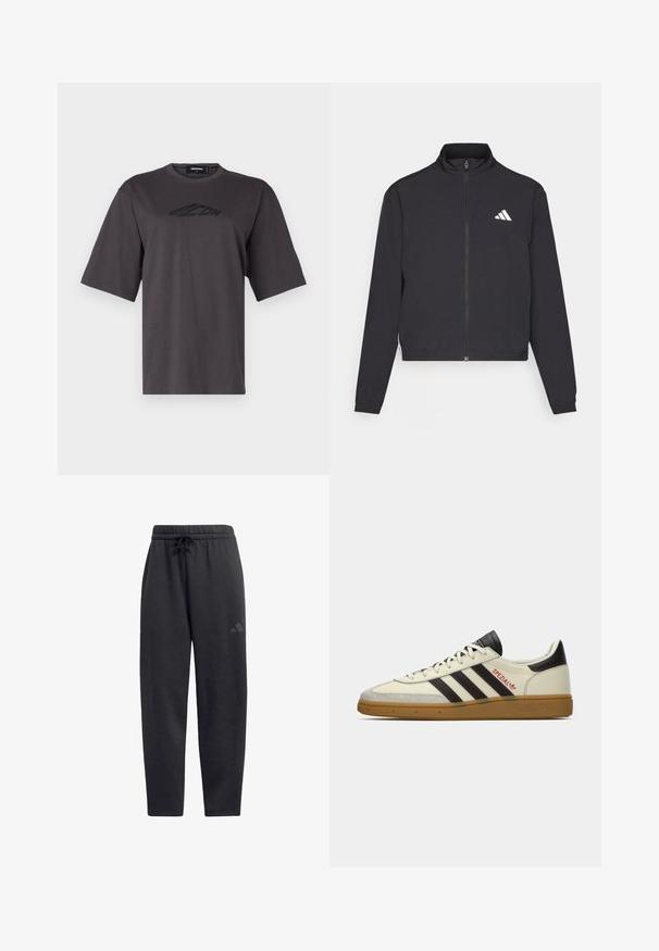 adidas Performance TRAIN ESSENTIALS 3 STRIPES WARM UP - Trainingsvest - black/white; Grijze katoenen t-shirt met een ronde hals, korte mouwen en een zwart logo gedrukt op de borst. Regelmatige pasvorm en een gladde textuur.; Zwarte sweatpants van zacht materiaal, met een elastische tailleband en een trekkoord, rechte pijpen en een subtiel logo op de bovenbeen.; Crème en zwarte Adidas Spezial sneaker met gum zool, zwarte strepen, rode stiksels en 'Spezial' branding aan de zijkant.