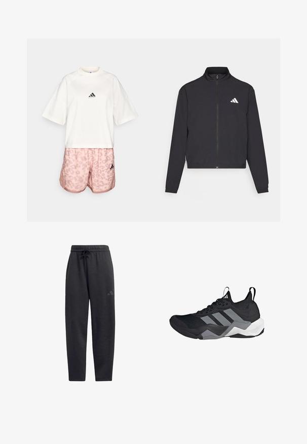 adidas Performance TRAIN ESSENTIALS 3 STRIPES WARM UP - Training jacket - black/white; adidas Performance TEE - Print T-shirt - chalk white; Black sweatpants made of soft fabric, featuring an elastic waistband with a drawstring, straight legs, and a discreet logo on the thigh.; Black athletic shoe with a breathable mesh upper, grey accents, textured sole, and three distinctive stripes on the side.