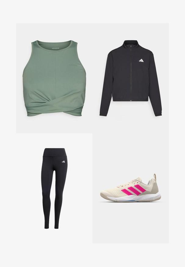 adidas Performance TRAIN ESSENTIALS 3 STRIPES WARM UP - Spordijakk - black/white; Roheline spordirinnahoidja, mis on valmistatud siledast ja venivast kangast. Omab keeratud esiosaga disaini ja brändinime "BORG", mis on alakeeltes samas toonis peene trükiga.; Mustad mustadest retuusid, mis on valmistatud elastsetest materjalidest, kõrge vöökohaga ja väikese valge logoga, sujuva mati pinnaga.; Beige spordijalanõud roosa kolme triibu logoga, tekstureeritud võrkkangas peal, polsterdatud sääreosa ja valge kummist tallaga, kus on "LIGHTSTRIKE" bränd.