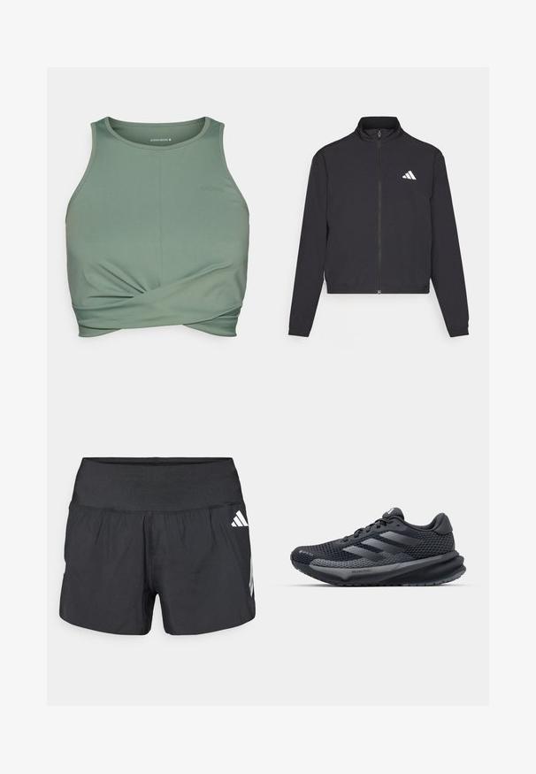 adidas Performance TRAIN ESSENTIALS 3 STRIPES WARM UP - Sportovní bunda - black/white; Zelená sportovní podprsenka vyrobená z hladké, pružné látky. Má design s překrouceným předním dílem a název značky "BORG" decentně vytištěný v odpovídající barvě.; Černé sportovní šortky s širokým elastickým pasem, lehkou tkaninou a bílými logy na dolní straně.; Černá sportovní bota s texturovaným síťovaným svrškem, reflexními akcenty, polstrovanou podešví a aerodynamickým designem. Obsahuje logo se třemi pruhy.