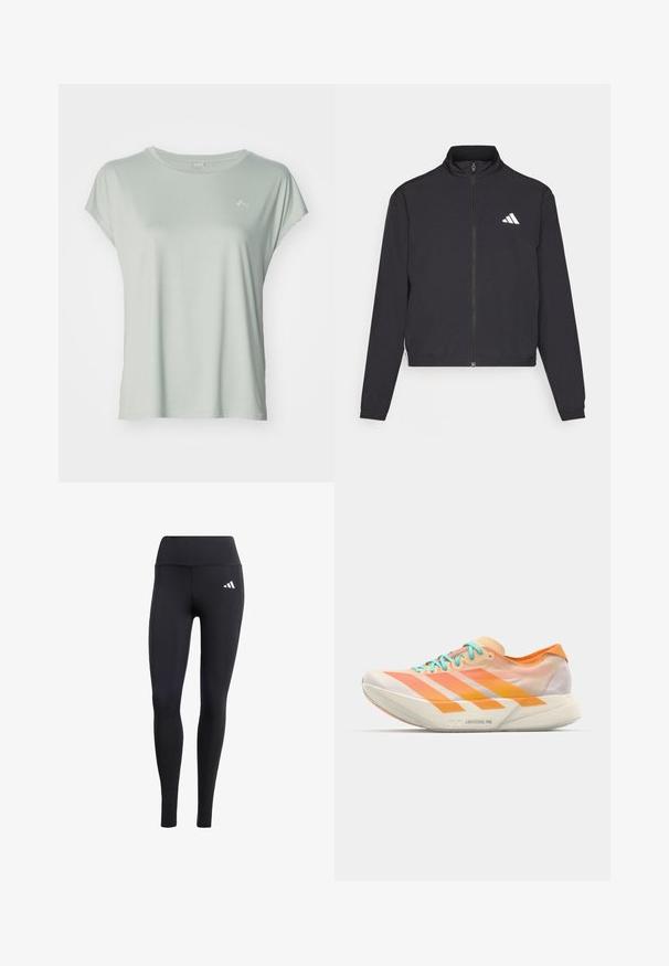 adidas Performance TRAIN ESSENTIALS 3 STRIPES WARM UP - Trainingsjacke - black/white; ONLY Play ONPAUBREE LIFE ON BAT LOOSE TEE - T-Shirt basic - aqua gray; Schwarze Leggings aus elastischem Material mit hohem Bund und kleinem weißen Logo, mit einer glatten, matten Oberfläche.; Laufschuh mit einem gemischten Design aus Orange, Pfirsich und Weiß. Verfügt über drei weiße Streifen und hellblaue Schnürsenkel.