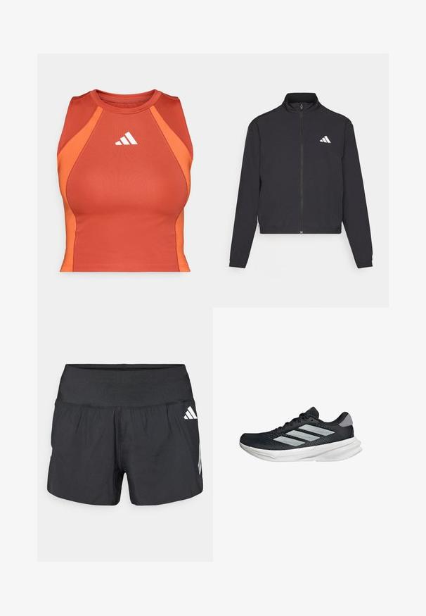 adidas Performance TRAIN ESSENTIALS 3 STRIPES WARM UP - Træningsjakke - black/white; Orange atletisk crop top lavet af glat, strækbart materiale. Har en racerback-design og hvidt logo på forsiden.; Sorte atletikshorts med bred elastisk talje, letvægtsstof og hvide logoaccents på den nederste side.; Sort løbesko med mesh-overdel, tre sølvstriber, hvid mellemsål og struktureret ydersål. Har polstret krave og snørelukning.