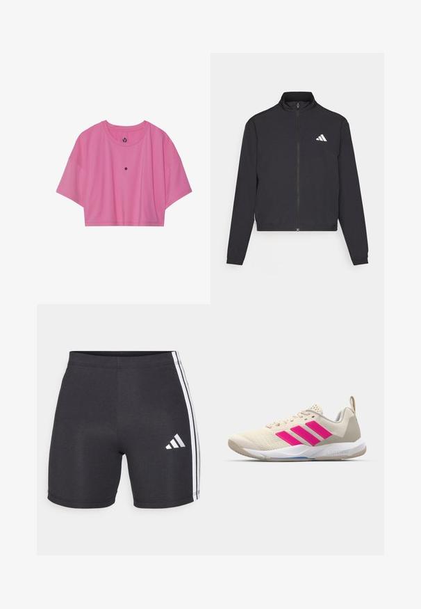 adidas Performance TRAIN ESSENTIALS 3 STRIPES WARM UP - Športna jakna/jopica - black/white; Skrajana rožnata športna majica, narejena iz gladkega materiala, z kratkimi rokavi in okroglim izrezom. Majhen logotip je centriran na prsih.; Črne športne hlače iz raztegljivega materiala, z belimi stranskimi črtami in logotipom Adidas na spodnjem desnem delu noge. Gladka tekstura.; Bežni atletski čevlji z rožnatim logotipom s tremi črtami, teksturiran zgornji del iz mrežaste tkanine, oblazinjen ovratnik in bel gumijast podplat, ki nosi blagovno znamko "LIGHTSTRIKE".