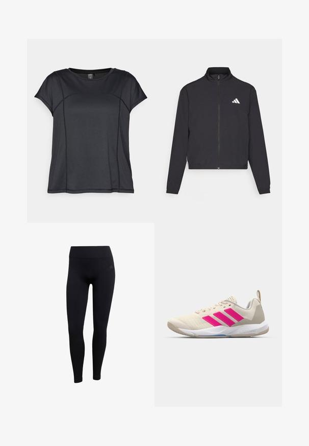 adidas Performance TRAIN ESSENTIALS 3 STRIPES WARM UP - Verryttelytakki - black/white; Mustan lyhytnyörisen urheilupaidan valmistettu verkkomateriaalista, jossa on hunajakenno-tekstuuria, kaarevia saumoja ja pyöreä pääntie.; Mustat urheilulegginsit, jotka on valmistettu joustavasta kankaasta. Ominaisuudet: korkea vyötärö, istuva leikkaus ja ribbikuvioidut nilkkakutistimet. Huomaamaton brändilogo.; Beige urheilujalkine, jossa on vaaleanpunainen kolmonen-striippi-logo, teksturoitu verkko-yläosa, pehmustettu kaulus ja valkoinen kumipohja, jossa on "LIGHTSTRIKE" -brändäys.