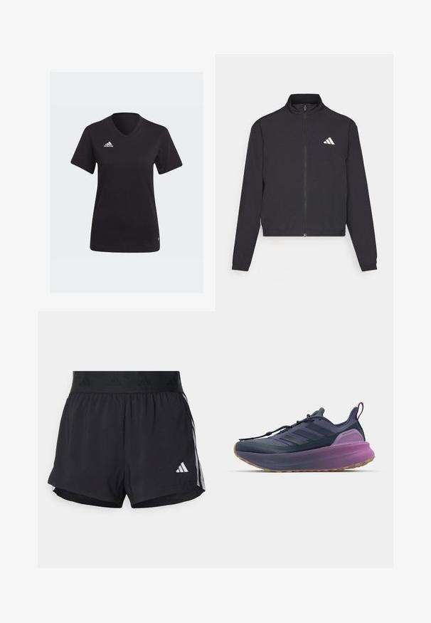 adidas Performance TRAIN ESSENTIALS 3 STRIPES WARM UP - Treniņjaka - black/white; Melna Adidas T-krekls ar V veida kaklu, īsām piedurknēm un baltu logo kreisajā krūtī. Izgatavots no mīksta auduma.; Melni sporta šorti ar elastīgu jostu, ar teksturētu joslu, sānu svītrām un baltu Adidas logo apakšējā malu.; adidas Performance ULTRABOOST 5 - Apavi skriešanai pa asfaltu - shadow navy/legend ink/preloved purple