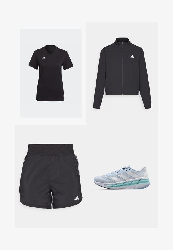 adidas Performance TRAIN ESSENTIALS 3 STRIPES WARM UP - Trainingsjacke - black/white; Schwarzes Adidas T-Shirt mit V-Ausschnitt, kurzen Ärmeln und einem weißen Logo auf der linken Brustseite. Hergestellt aus weichem Stoff.; Schwarze Sportshorts mit elastischem Bund, seitlichen Taschen und weißen Streifenakzenten an den Seiten. Hergestellt aus leichtem Material.; Helle blaue Sportschuhe mit einem strukturierten Strickobermaterial, weißen Akzenten und einer transparenten grünen Zwischensohle. Abgerundete Zehenpartie und gepolsterter Schaft.