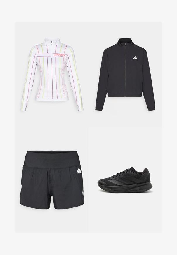 adidas Performance TRAIN ESSENTIALS 3 STRIPES WARM UP - Sportovní bunda - black/white; Bílý sportovní top s dlouhým rukávem a půlzipem, který je zdoben vertikálními pruhy v různých barvách, včetně růžové, fialové a neonově žluté.; Černé sportovní šortky s širokým elastickým pasem, lehkou tkaninou a bílými logy na dolní straně.; Černé běžecké boty s prodyšným síťovaným svrškem, kulatou špičkou, elegantním designem, texturovanými detaily a polstrovanou podrážkou pro pohodlí.