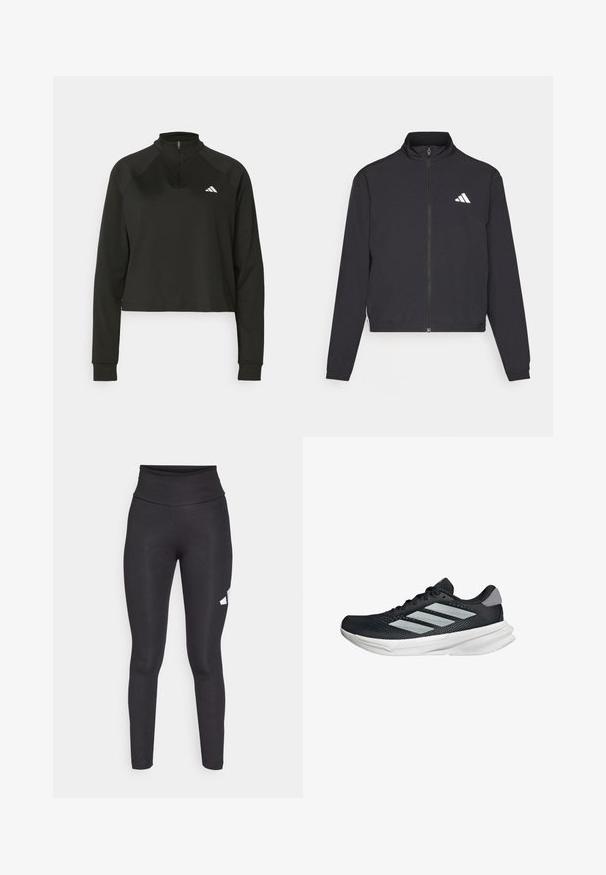 adidas Performance TRAIN ESSENTIALS 3 STRIPES WARM UP - Træningsjakke - black/white; Sort quarter-zip trøje lavet af glat stof med lange ærmer, med en høj krave og et hvidt logo på venstre bryst.; Svarte højtaljede leggings lavet af glat, strækbart stof, med et hvidt logo på venstre side. Tæt design uden mønstre.; Sort løbesko med mesh-overdel, tre sølvstriber, hvid mellemsål og struktureret ydersål. Har polstret krave og snørelukning.