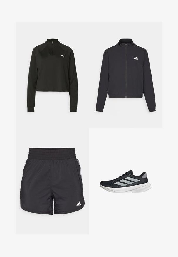 adidas Performance TRAIN ESSENTIALS 3 STRIPES WARM UP - Trainingsvest - black/white; Zwarte quarter-zip pullover van gladde stof met lange mouwen, voorzien van een hoge kraag en een wit logo op de linkerborst.; Zwarte sportieve shorts met een elastische tailleband, zijzakken en witte streepaccenten aan de zijkanten. Gemaakt van lichtgewicht materiaal.; Zwarte hardloopschoen met een mesh bovenzijde, drie zilveren strepen, witte middenzool en een gestructureerde loopzool. Heeft een gevoerde kraag en een vetersluiting.