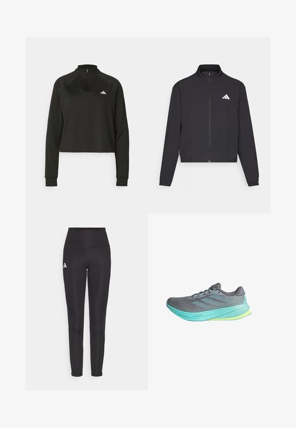 adidas Performance TRAIN ESSENTIALS 3 STRIPES WARM UP - Casaco de treino - black/white; Pullover preto de fecho de correr de um quarto, feito de um tecido suave com mangas longas, apresentando uma gola alta e um logotipo branco no lado esquerdo do peito.; Leggings pretos de cintura alta feitos de tecido elástico. Apresenta um logótipo branco no lado esquerdo e um design elegante e sem costuras. Textura suave.; Ténis de desporto cinzentos com um upper em malha respirável, com detalhes em teal, um design de três riscas e uma sola almofadada com uma biqueira amarelo-verde.