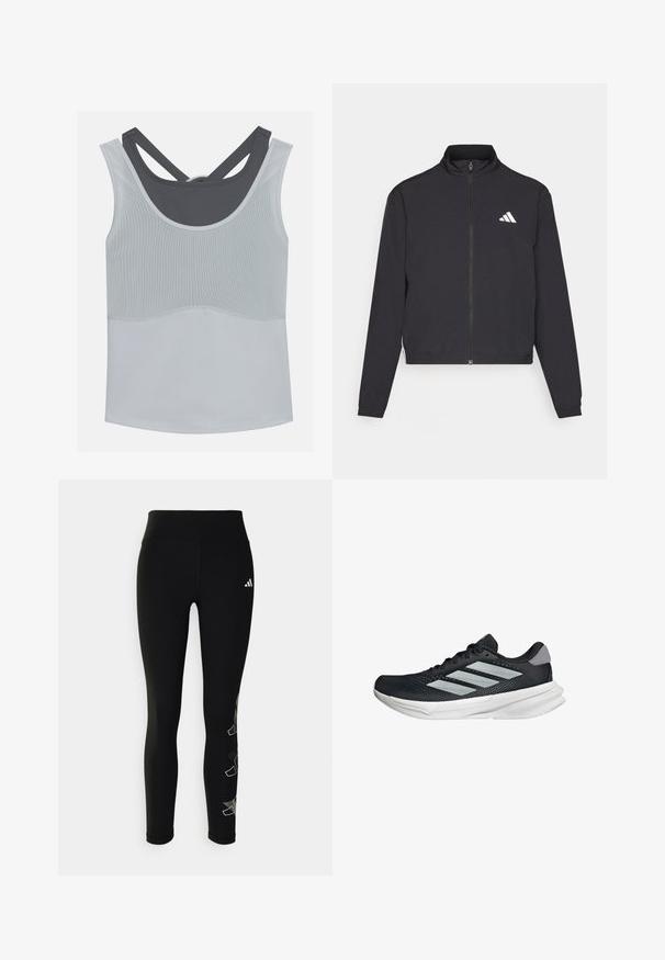 adidas Performance TRAIN ESSENTIALS 3 STRIPES WARM UP - Giacca sportiva - black/white; Even&Odd active Top - light grey/dark grey; Leggings neri realizzati in materiale elastico, con vita alta e un logo riflettente sull'anca, accompagnati da un design geometrico accento sulla gamba.; Scarpa da corsa nera con tomaia in mesh, tre strisce argentate, intersuola bianca e suola testurizzata. Presenta un colletto imbottito e chiusura con lacci.