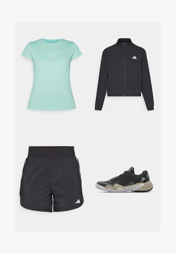 adidas Performance TRAIN ESSENTIALS 3 STRIPES WARM UP - Verryttelytakki - black/white; Vihreä mintunvärinen t-paita, joka on valmistettu pehmeästä puuvillasta. T-paidassa on pyöreä pääntie ja lyhyet hihat, ja rinnassa on valkoinen logo.; Mustat urheilushortsit, joissa on joustava vyötärö, sivutaskut ja valkoiset raidat sivuilla. Valmistettu kevyestä materiaalista.; Musta ja beige urheilukenkä, jossa on teksturoitu yläosa, merkittävä pohjarakenne, heijastavat yksityiskohdat ja nauhaketju. Kevyt rakenne.