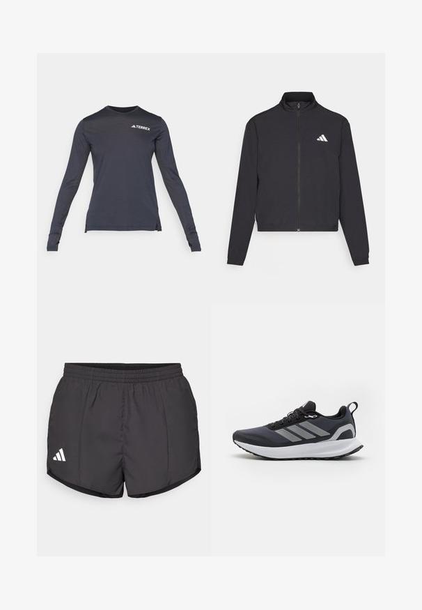 adidas Performance TRAIN ESSENTIALS 3 STRIPES WARM UP - Treningsjakke - black/white; Langermet marineblå prestasjonskjorte med rund hals, med en hvit "Terrex"-logo og teksturerte mesh-sider.; Svart treningsshorts laget av lett materiale, med elastisk midje og en hvit Adidas-logo nederst til venstre.; Svart atletisk sko med nettingoverdel, hvit mellomsåle, strukturert gummisåle og tre grå striper på siden. Har lisser og en hempe.