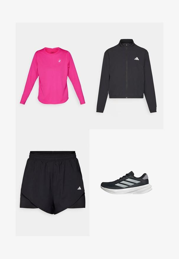 adidas Performance TRAIN ESSENTIALS 3 STRIPES WARM UP - Trainingsjacke - black/white; Langarm-Sportshirt in leuchtendem Pink, aus dehnbarem Stoff. Verfügt über einen runden Ausschnitt und ein kleines weißes Logo auf der Brust.; Schwarze Sportshorts mit gestuftem Design, aus leichtem Material gefertigt. Verfügt über einen elastischen Bund und ein kleines weißes Logo an der Seite.; Schwarzer Laufschuh mit Mesh-Obermaterial, drei silbernen Streifen, weißer Zwischensohle und strukturiertem Außensohle. Verfügt über einen gepolsterten Schaft und eine Schnürung.